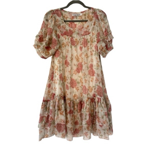Max Mara Rose Floral Puff Sleeve Ruffle Babydoll Mini Dress In Ivory Size Large